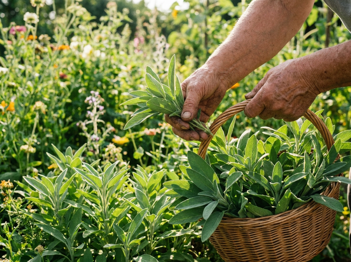 Mains récoltant des feuilles de sauge verte dans un jardin ensoleillé en été
