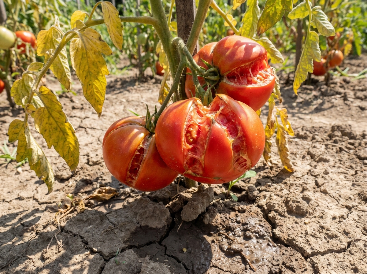 Tomates fissurées et éclatées sur le plant après arrosage irrégulier en été