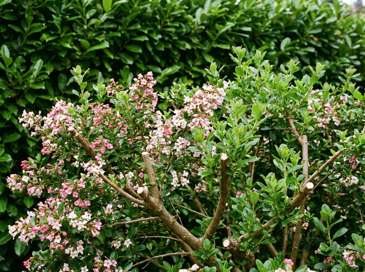 Branches taillées d'un escallonia en fleurs avec repousses vertes visibles en été