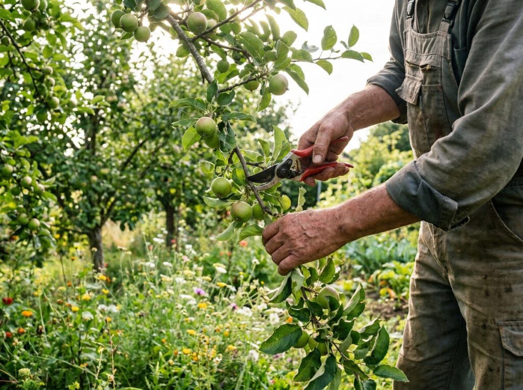 Jardinier effectuant la taille en vert d'un pommier en plein été, sécateur en main