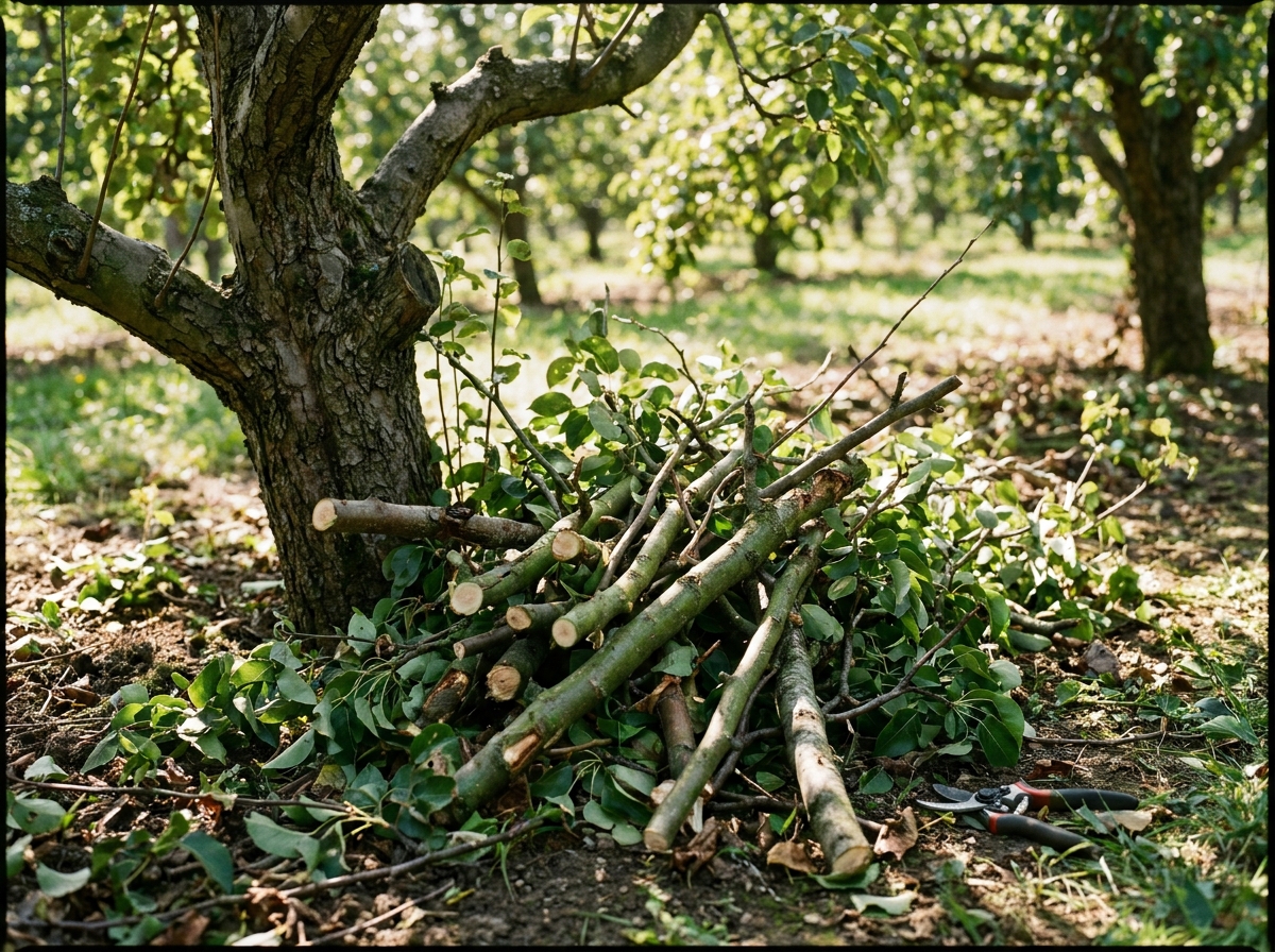 Rameaux gourmands retirés à la base d'un poirier lors de la taille estivale