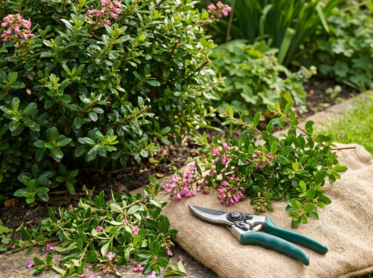 Branches fraîchement taillées d'un escallonia ou laurier avec jeunes pousses visibles