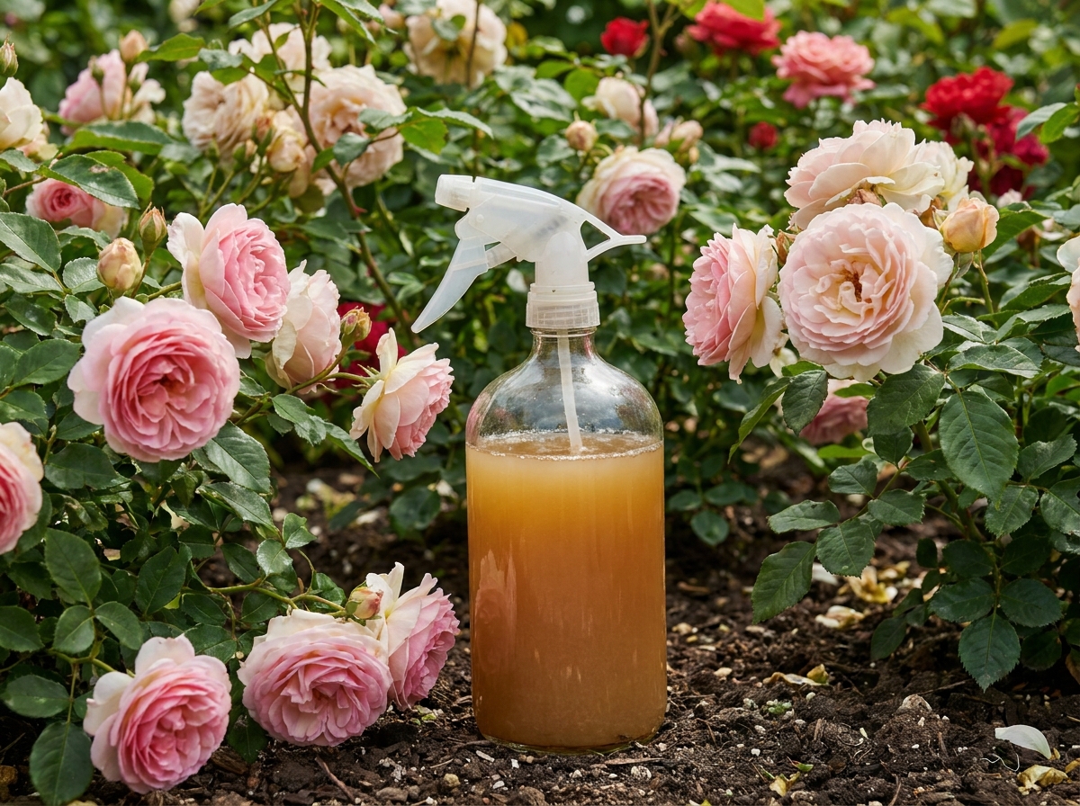 Vaporisateur en verre rempli de solution naturelle posé parmi des rosiers fleuris