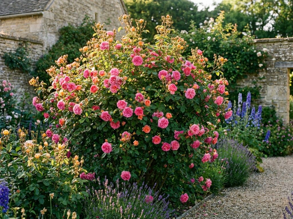 Rosier en pleine floraison rose éclatante avec boutons floraux dorés au soleil d'été