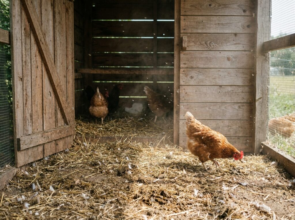 Poulailler en bois avec litière souillée visible au sol en plein été, odeur et mouches présentes