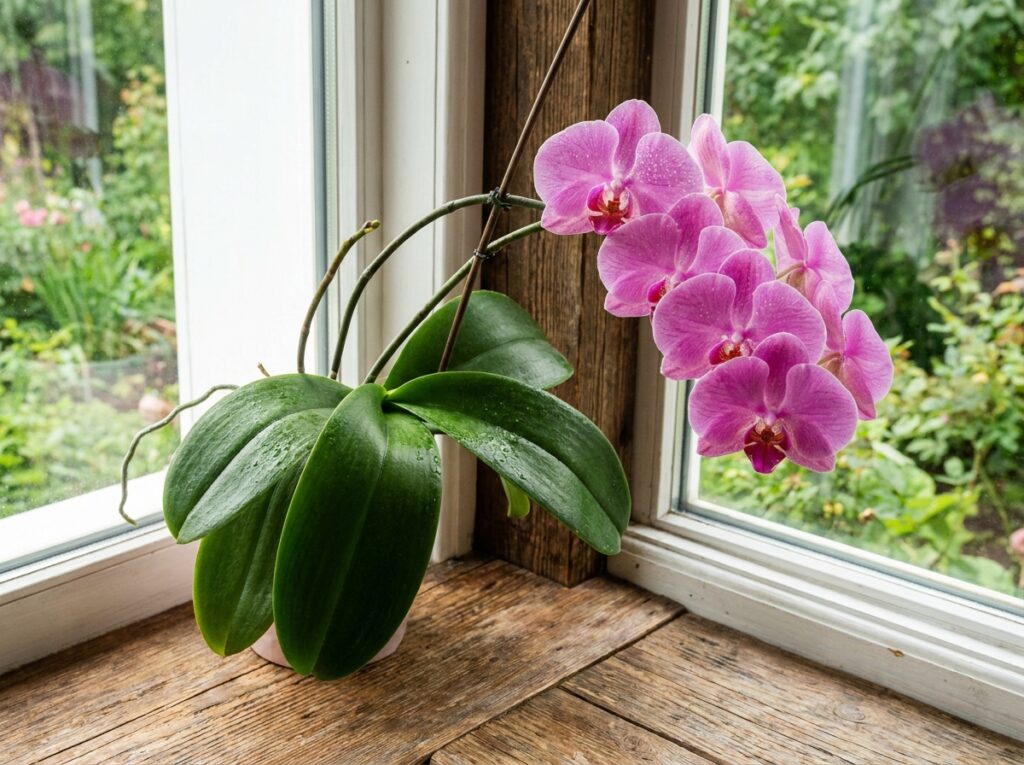 Orchidée Phalaenopsis aux fleurs roses épanouies posée près d'une fenêtre lumineuse, feuilles vertes brillantes et tiges gracieuses