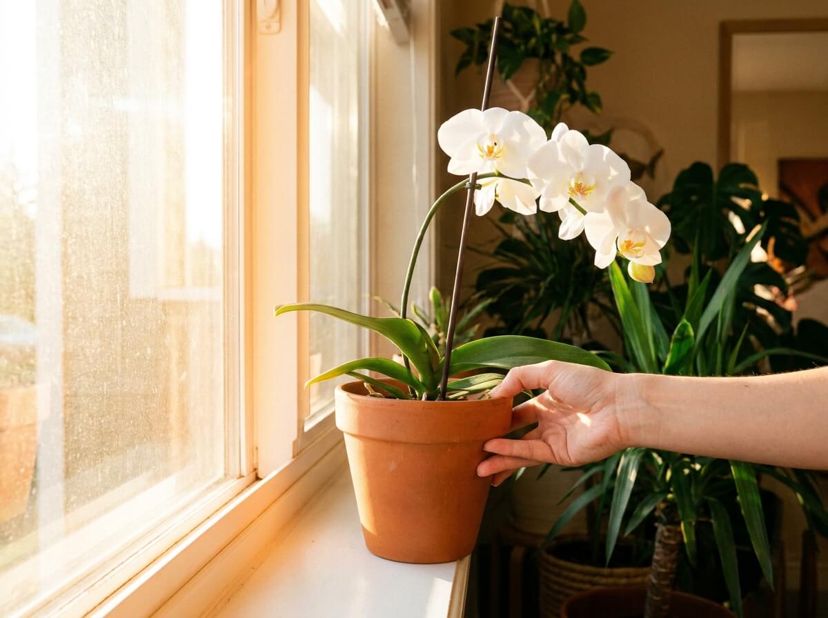 Main déplaçant délicatement un pot d'orchidée loin d'une vitre ensoleillée pour la protéger de la chaleur estivale