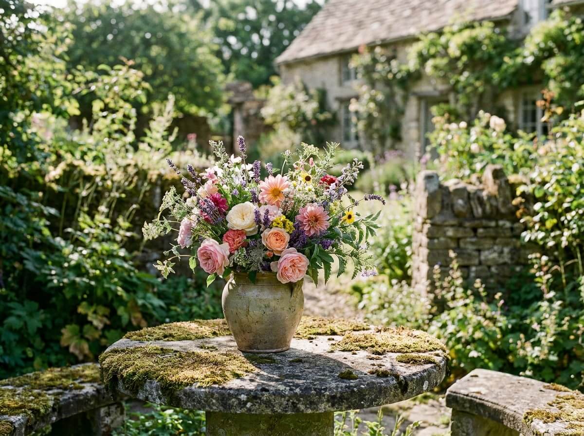 Bouquet champêtre posé dans un vase rustique avec fleurs de jardin fraîchement coupées