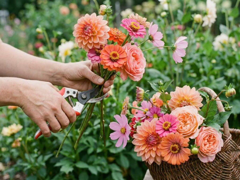 Mains coupant des fleurs de jardin colorées pour composer un bouquet d'été