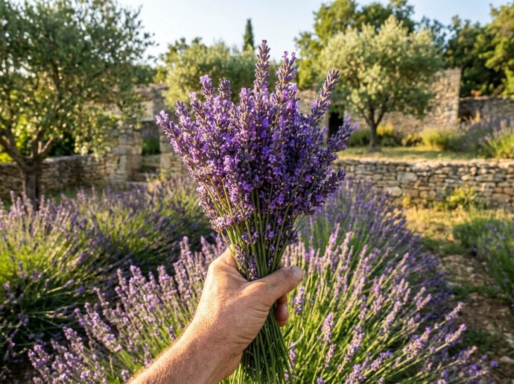 Tiges de lavande violette en fleurs coupées à la main dans un jardin ensoleillé, bouquet frais dans la paume