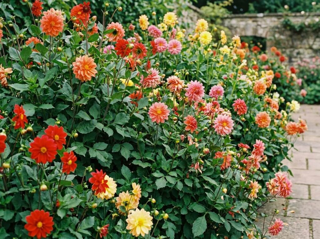 Dahlia en massif avec peu de boutons floraux et feuillage dense, jardin d'été