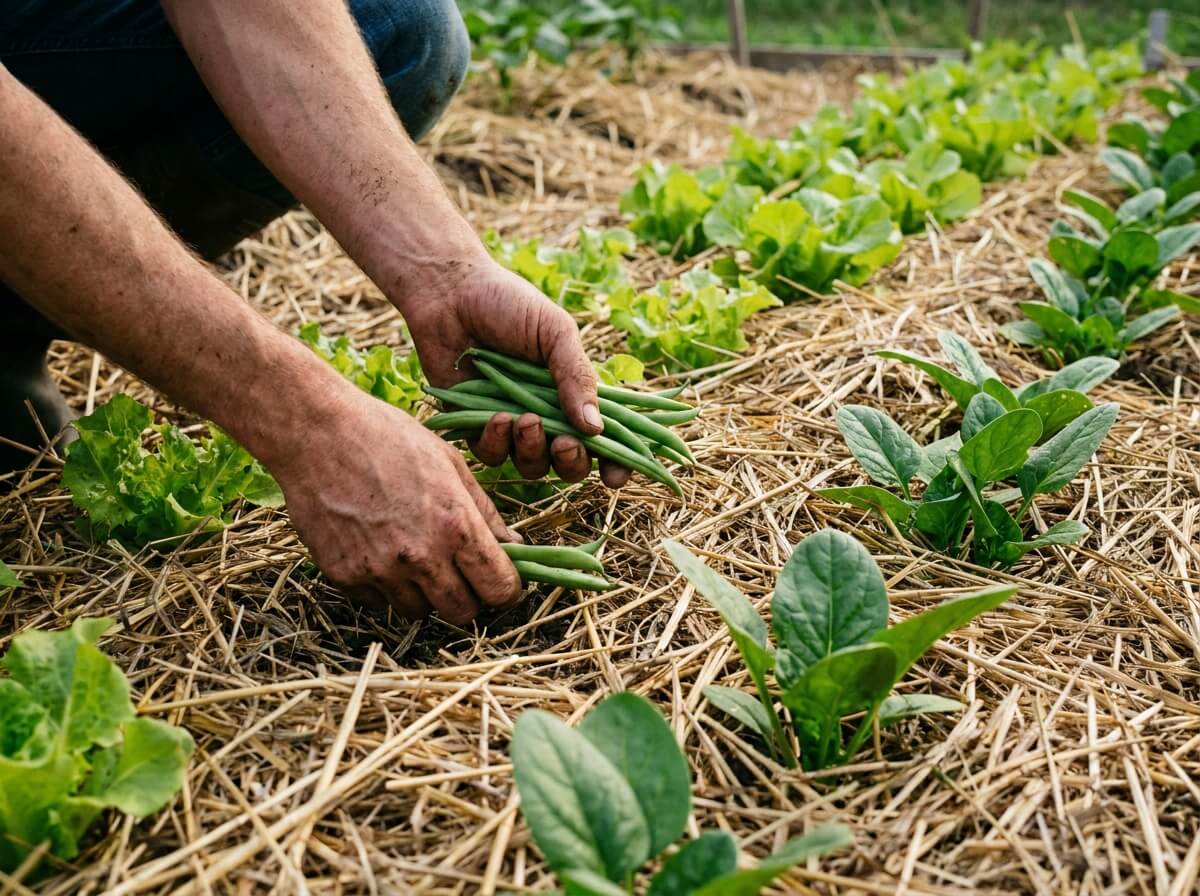 Mains qui récoltent des haricots verts frais dans un potager bien paillé en été