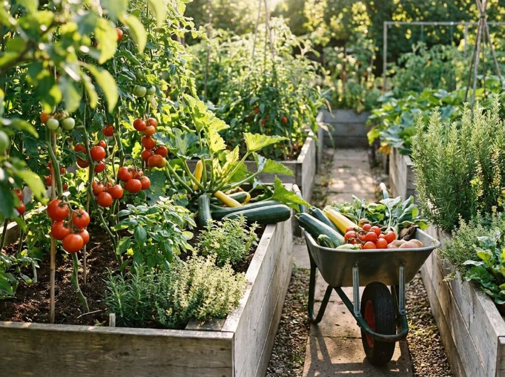 Potager d'été abondant avec tomates rouges, courgettes et herbes aromatiques sous le soleil