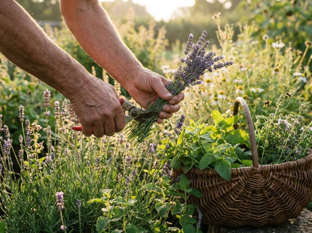 Mains récoltant des tiges de lavande et de mélisse au jardin en été au matin