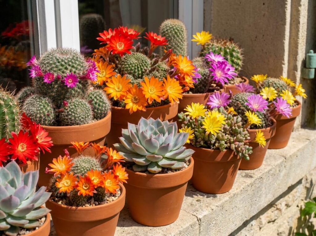 Collection de cactus et succulentes colorées en pleine floraison estivale sur un rebord de fenêtre ensoleillé