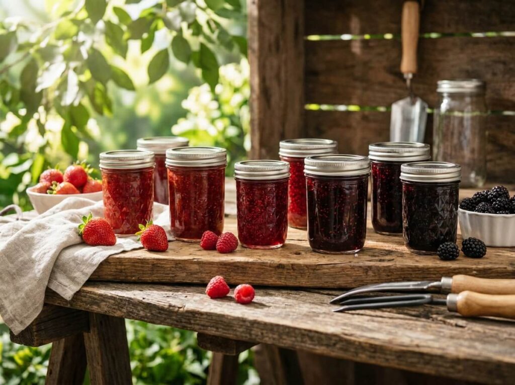Bocaux de confiture maison de fruits rouges alignés sur un plan de travail en bois avec couvercles vissés