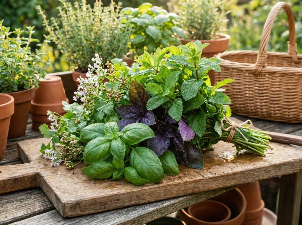 bouquet d'herbes aromatiques fraîches récoltées en été sur une planche en bois, basilic menthe et coriandre colorés