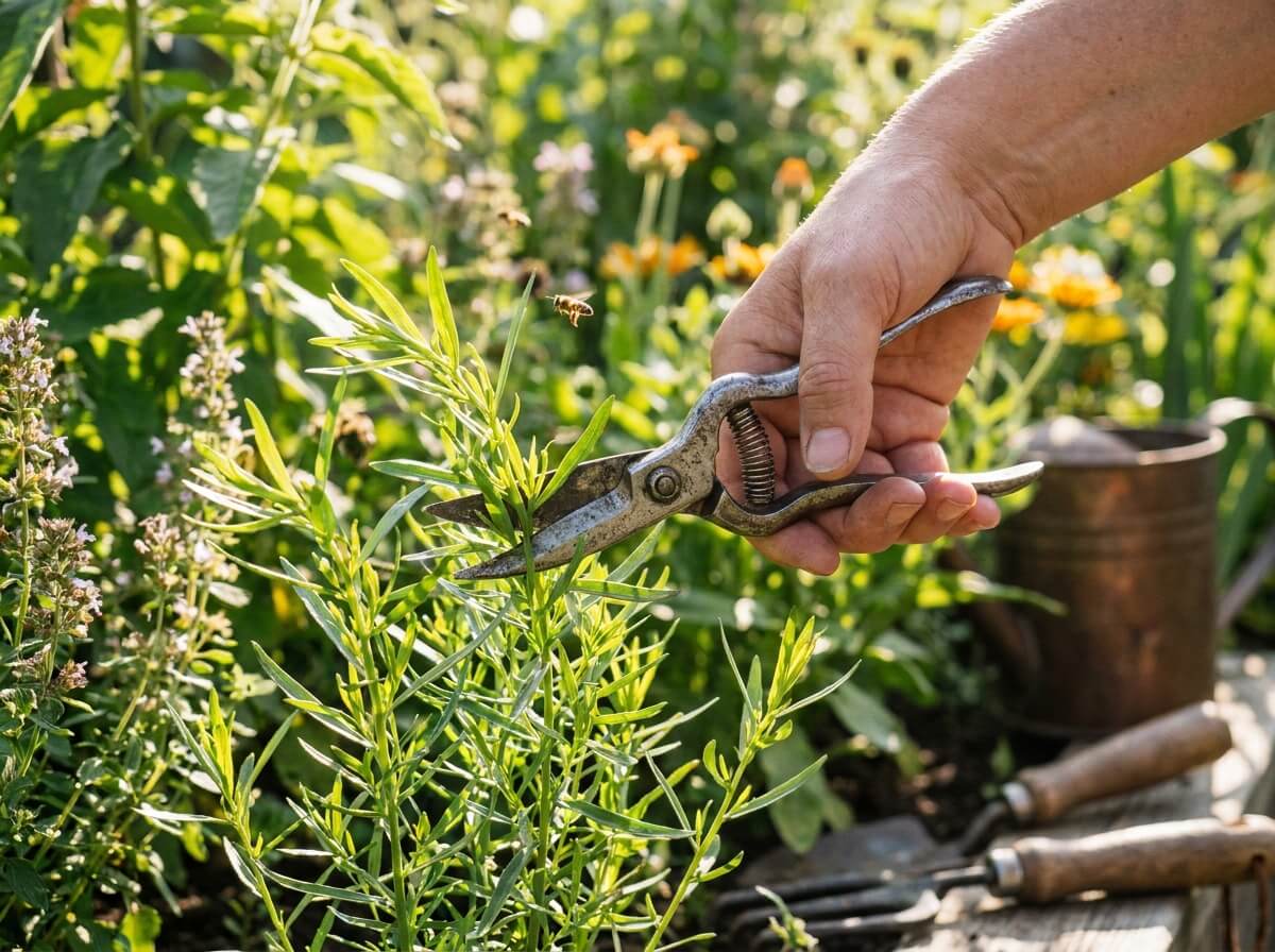 main coupant des tiges d'estragon avec des ciseaux dans un jardin ensoleillé