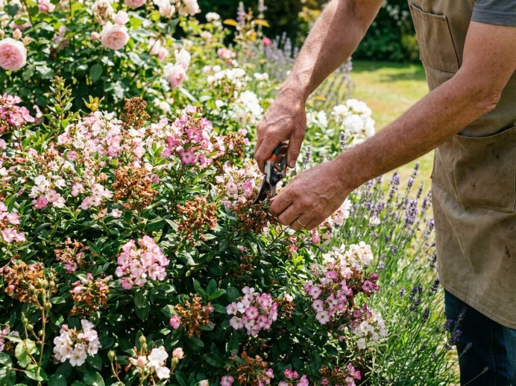 Jardinier retirant les fleurs fanées d'un escallonia en été avec un sécateur