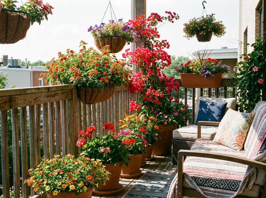Balcon ensoleillé plein sud en été avec plantes colorées et résistantes à la chaleur en fleurs