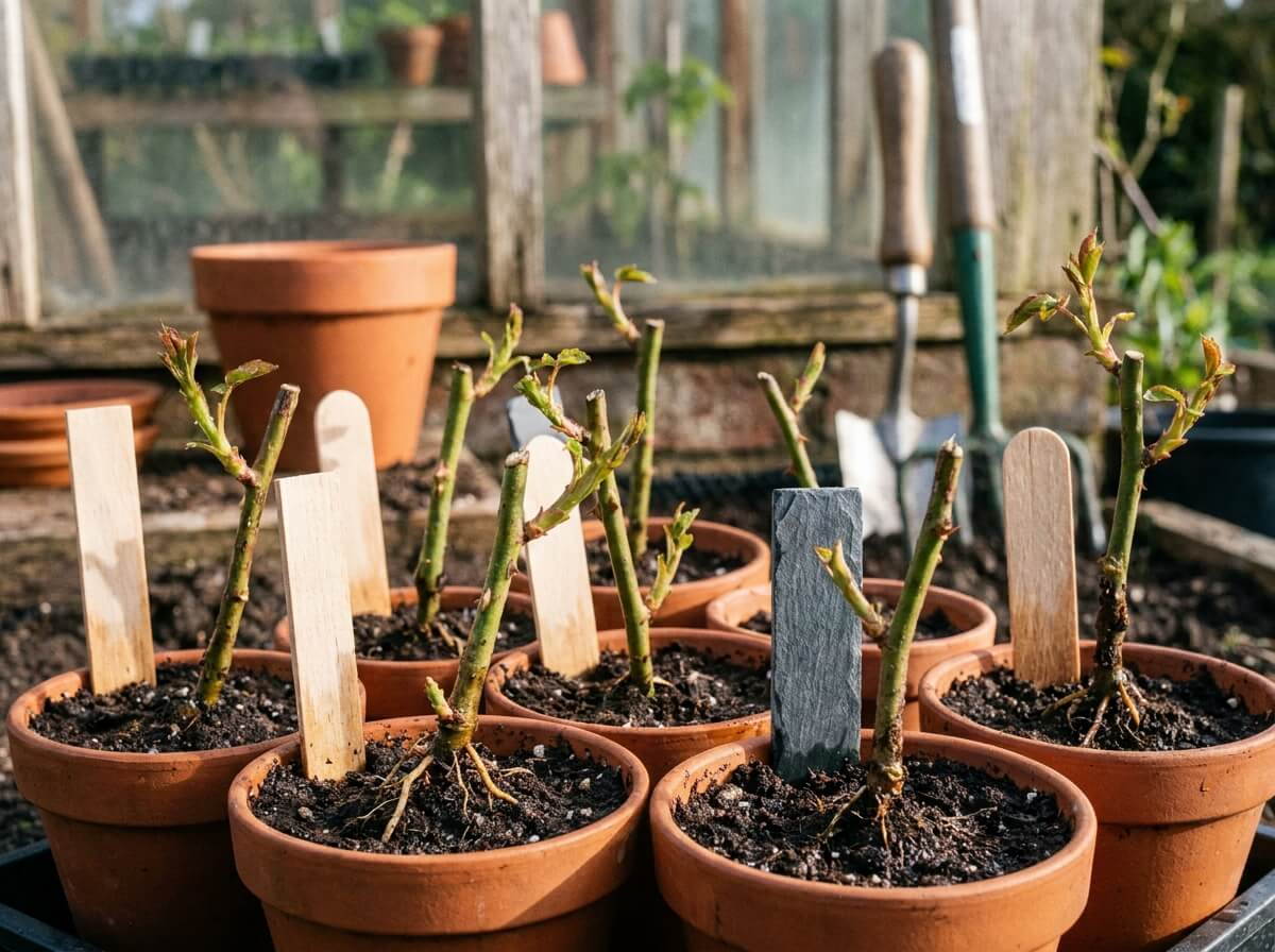 Boutures de rosiers plantées en godet avec terreau et étiquettes dans un jardin