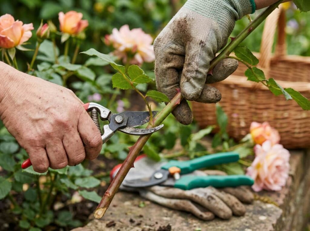 Mains de jardinier prélevant une bouture de rosier sur une tige semi-aoûtée en été