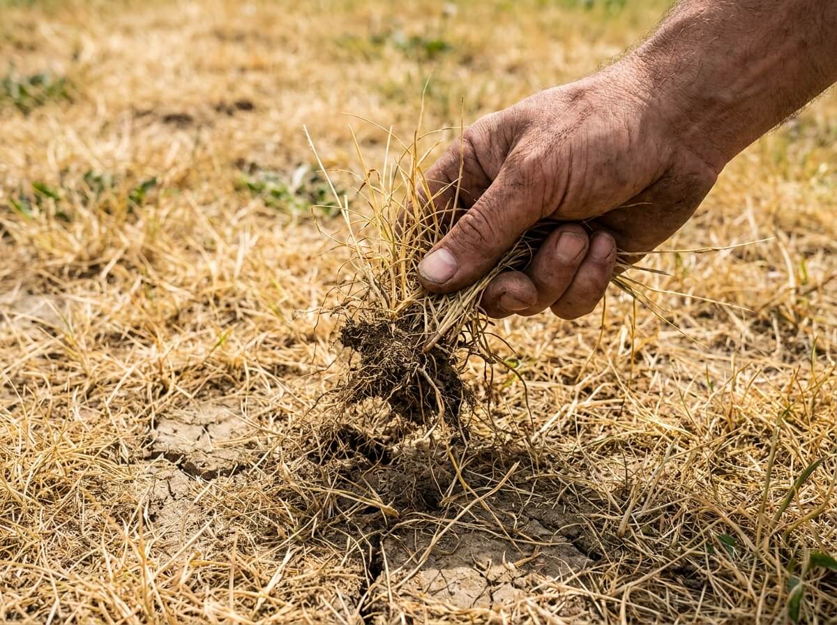 Main tenant une touffe de gazon jaune et sec arrachée d'une pelouse brûlée par la chaleur estivale