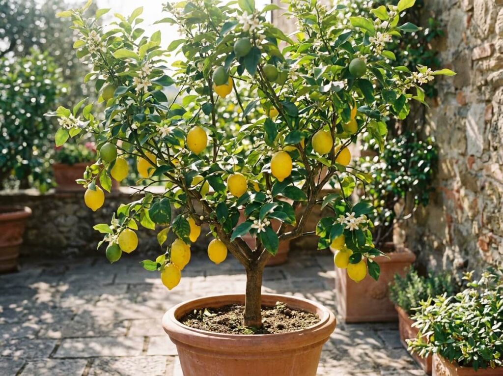 Citronnier en pot en fleurs avec des citrons jaunes et verts bien formés sur terrasse ensoleillée
