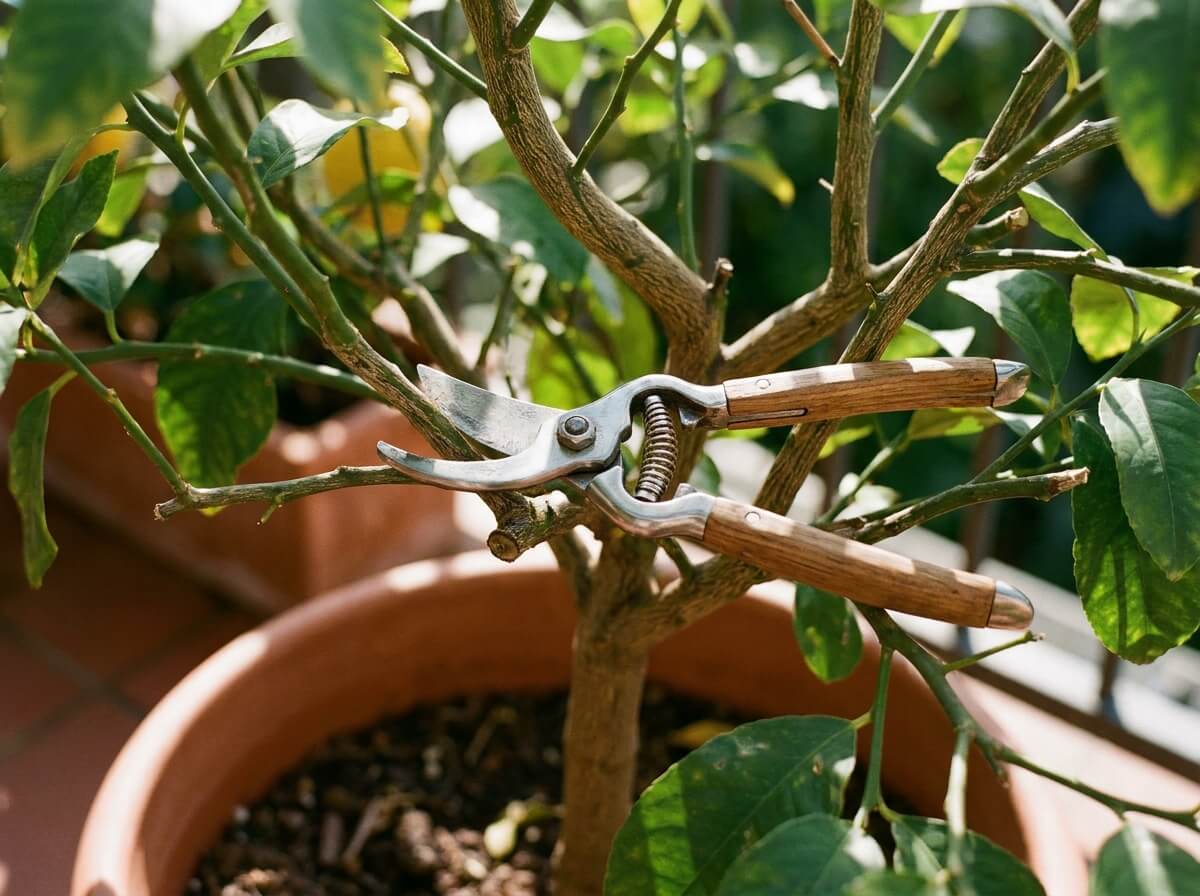 Sécateur propre posé sur une branche de citronnier en pot à couper en été
