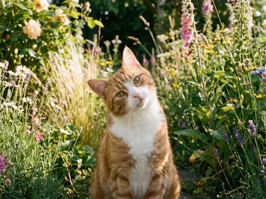 Chat inclinant la tête sur le côté dans un jardin ensoleillé en été