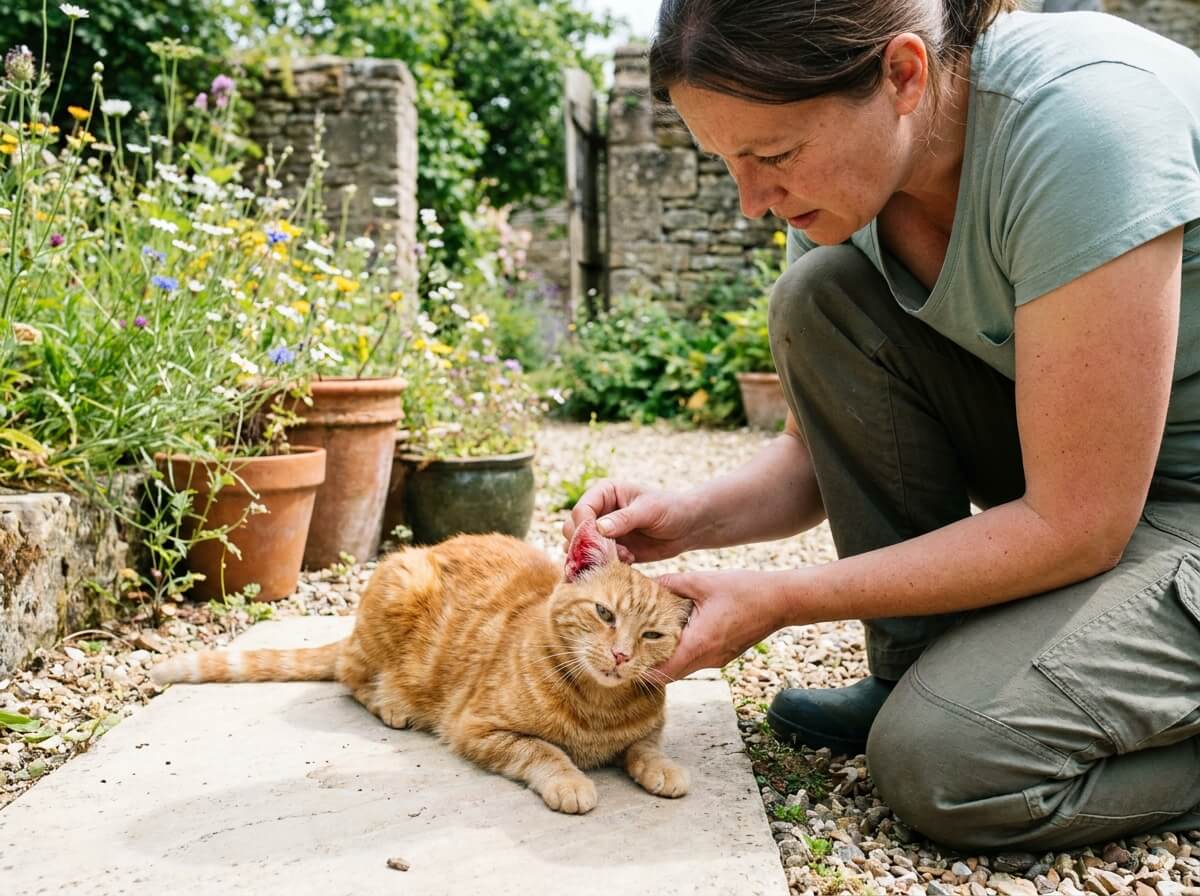 Propriétaire examinant l'oreille de son chat allongé sur une surface claire