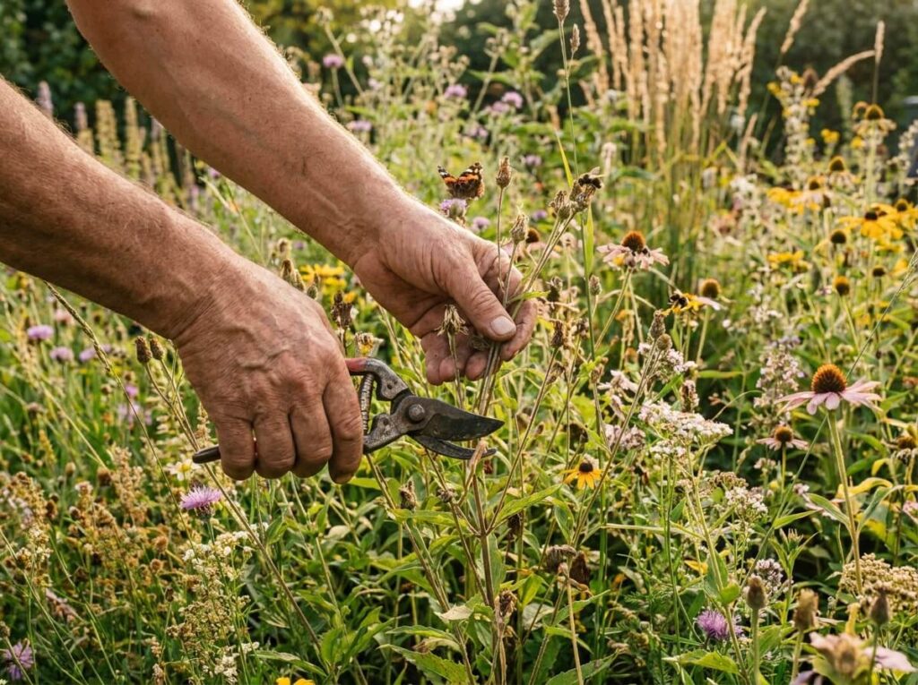Mains de jardinier coupant les tiges fanées d'une vivace dans un jardin naturel en été