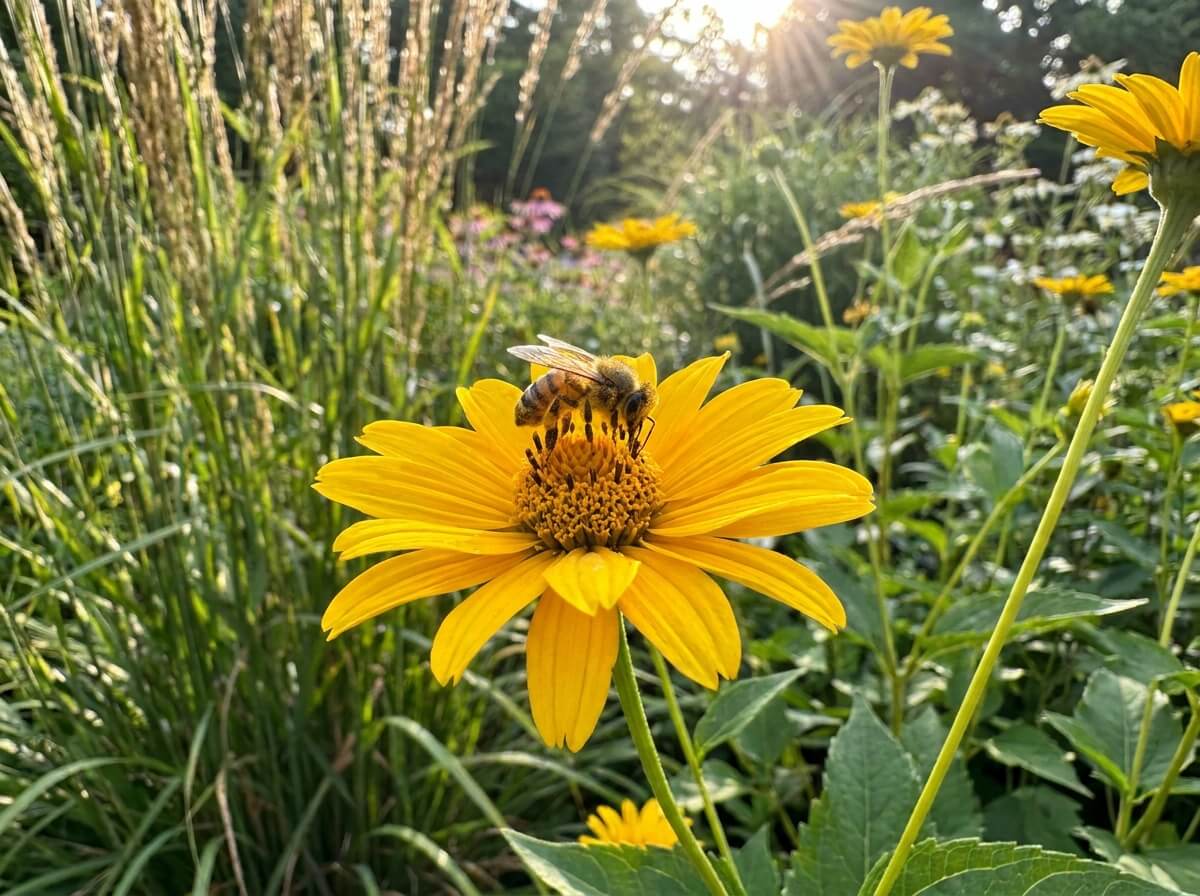Abeille butinant une fleur d'héliopsis jaune en pleine floraison estivale