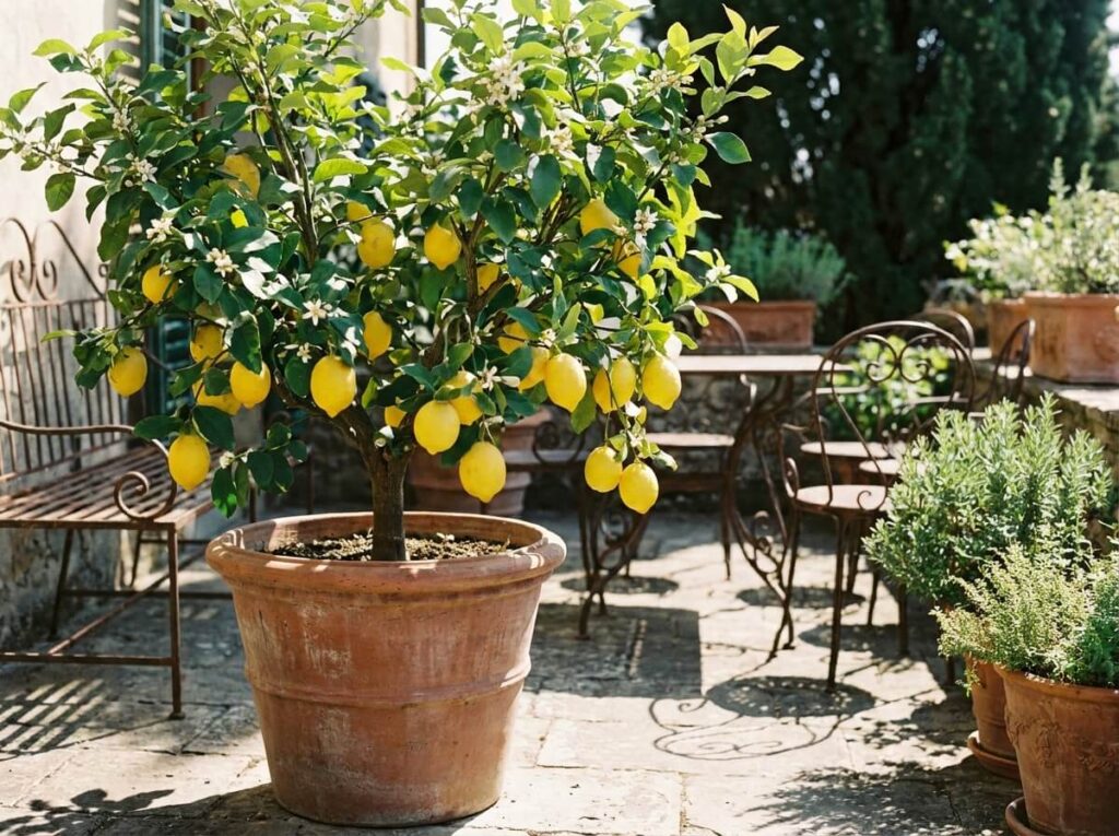 Citronnier en pot chargé de fruits jaunes brillants sur une terrasse ensoleillée en été