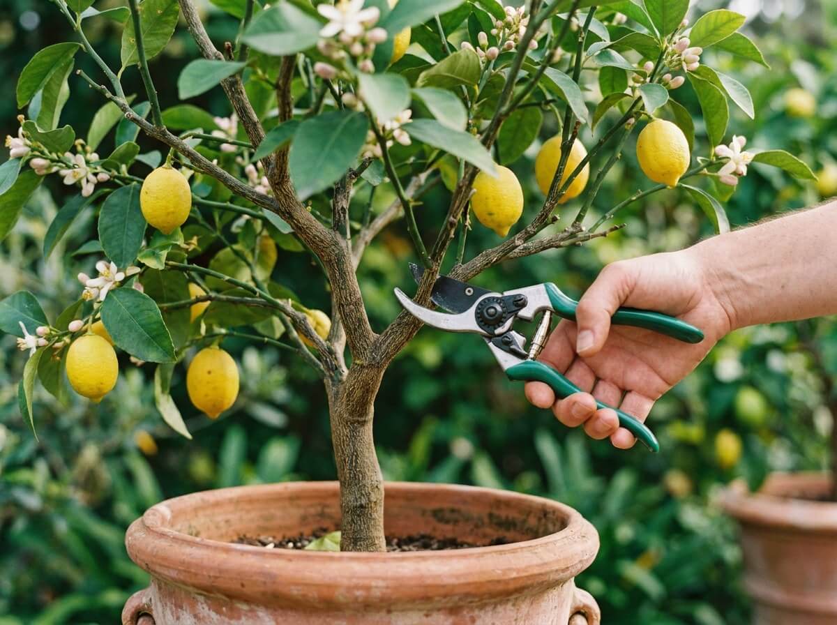 Main tenant un sécateur propre face à une branche de citronnier en pot à tailler