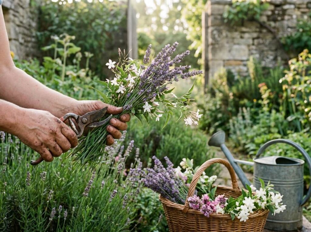 Mains coupant des tiges de lavande et de jasmin en bouquet au jardin le matin en été
