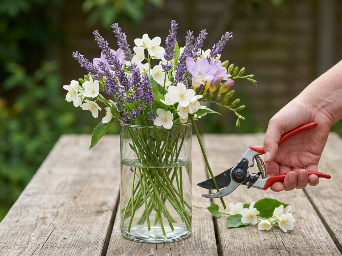 Bouquet de fleurs parfumées dans un vase avec tiges recoupées en biais à bonne longueur
