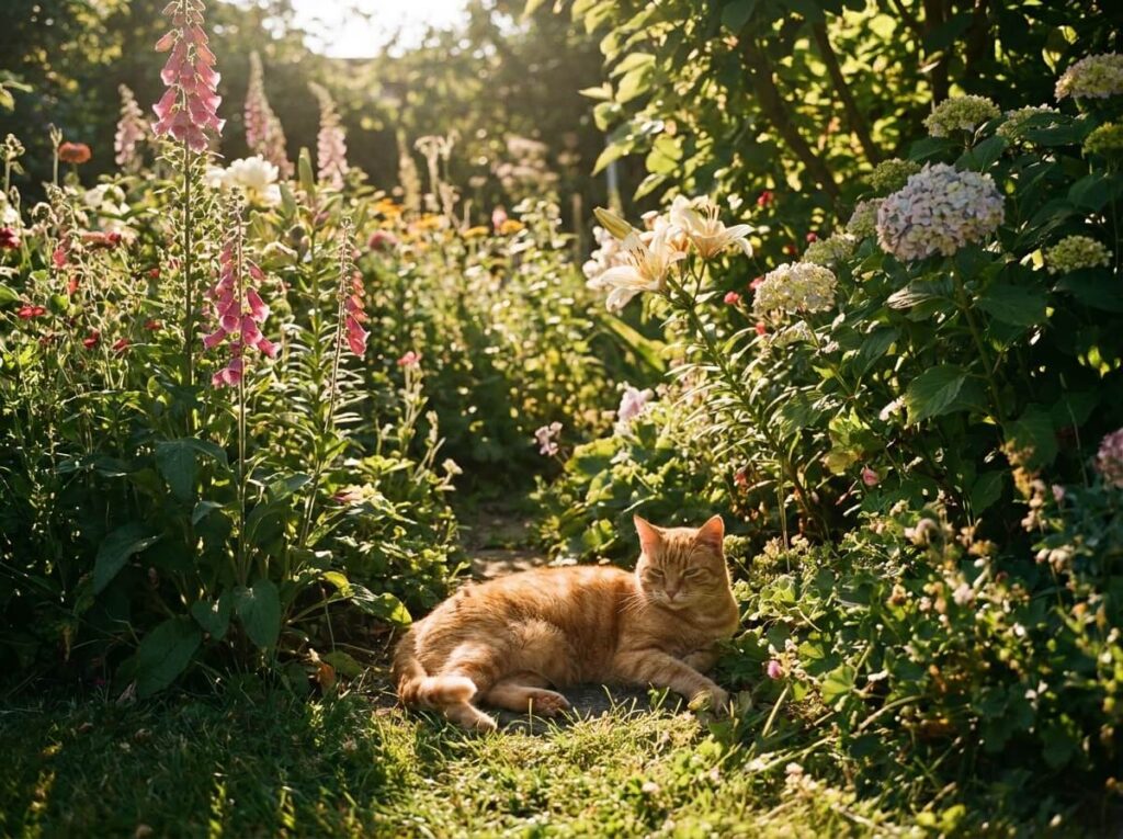 Chat roux allongé à l'ombre d'un massif fleuri par une chaude journée d'été au jardin