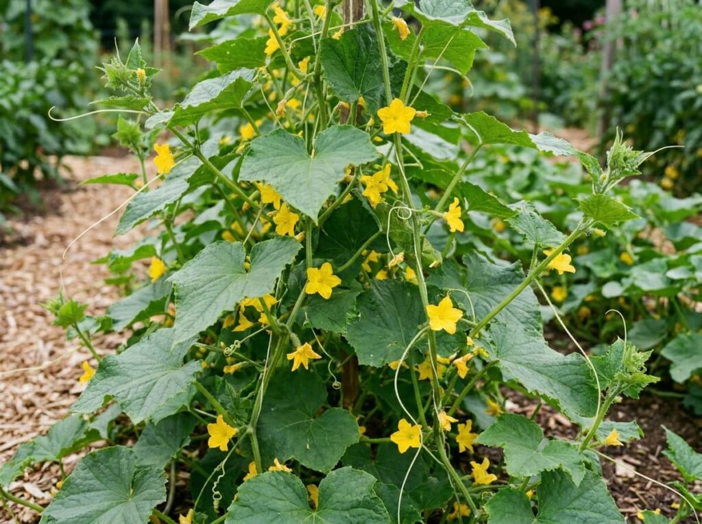 Pied de concombre avec fleurs mâles abondantes et absence de fruits sur tige en plein été
