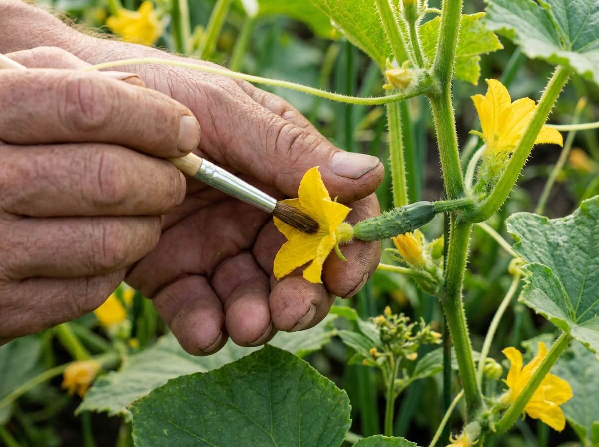 Main de jardinier guidant une fleur femelle de concombre pour pollinisation manuelle