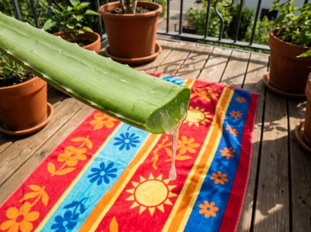 Feuille d'aloe vera coupée avec gel translucide qui s'écoule, posée sur une serviette de plage colorée en été