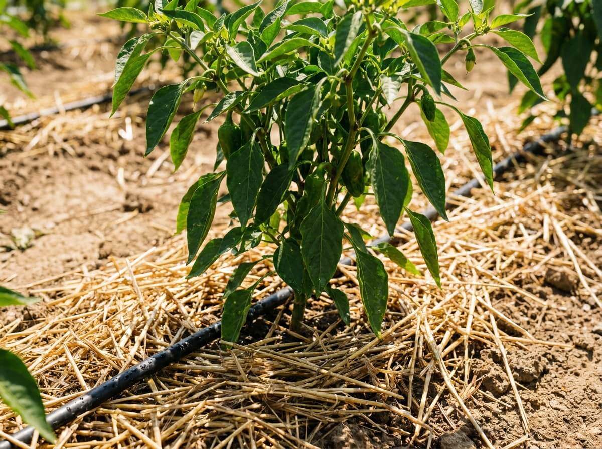 Plant de poivron au sol avec paillage et arrosage au pied par chaleur estivale