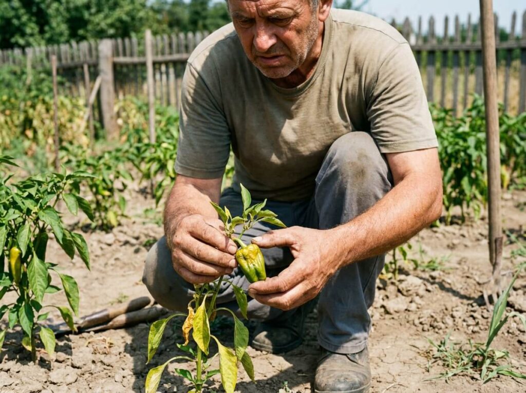 Jardinier inspectant un poivron chétif resté petit sur la tige en plein été au potager