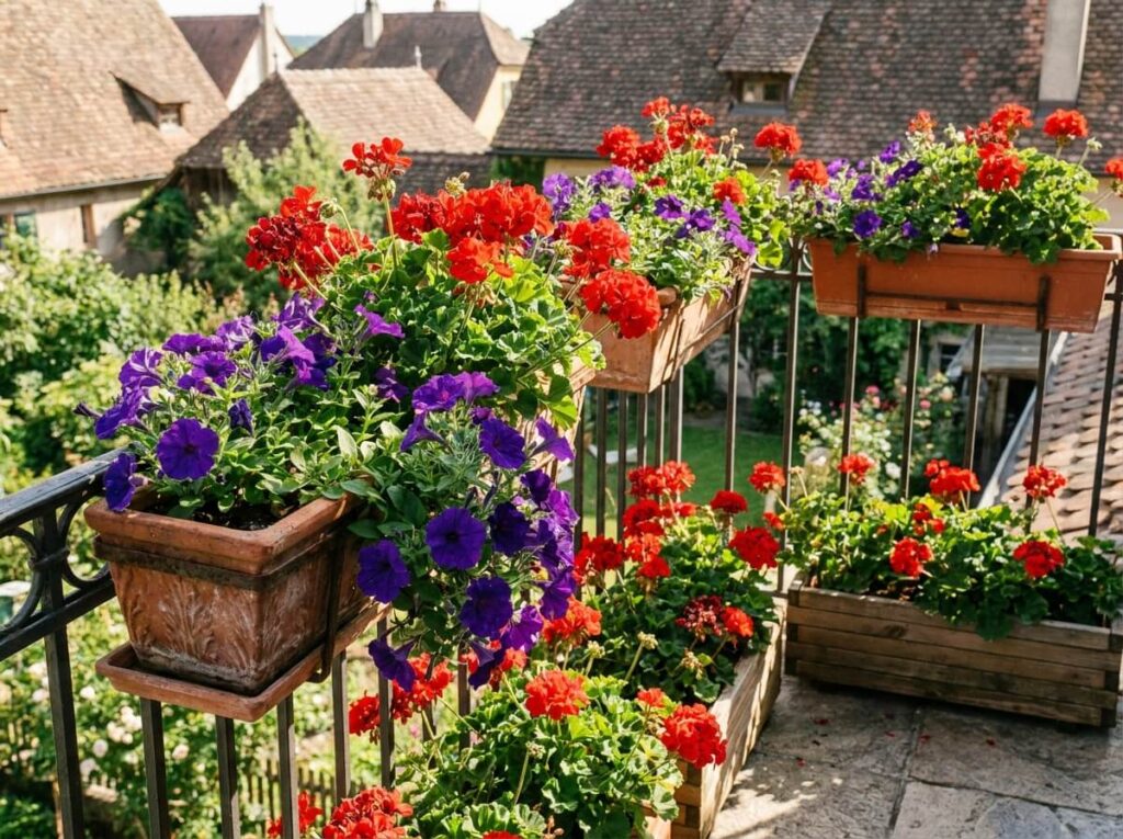 Bacs de géraniums et pétunias en pleine floraison estivale sur un balcon ensoleillé, couleurs vives rouge et violet