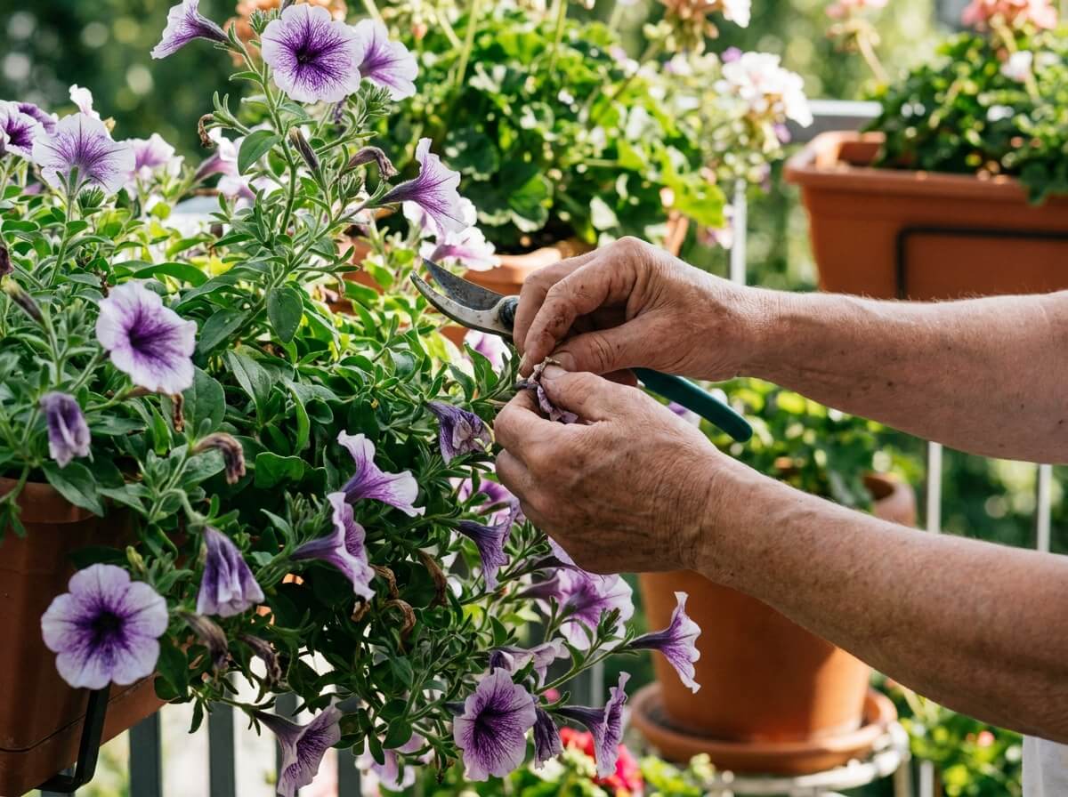 Mains qui suppriment les fleurs fanées d'un pétunia pour stimuler une nouvelle floraison
