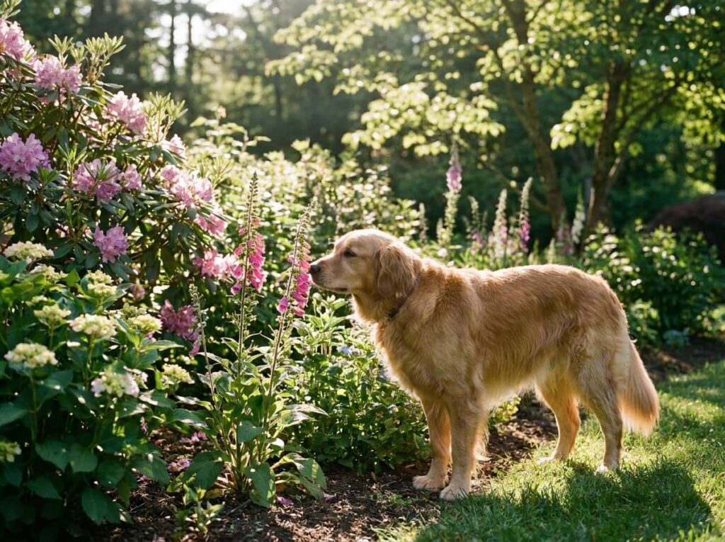 chien de race moyenne reniflant des plantes de jardin fleuries dans un parterre ensoleillé