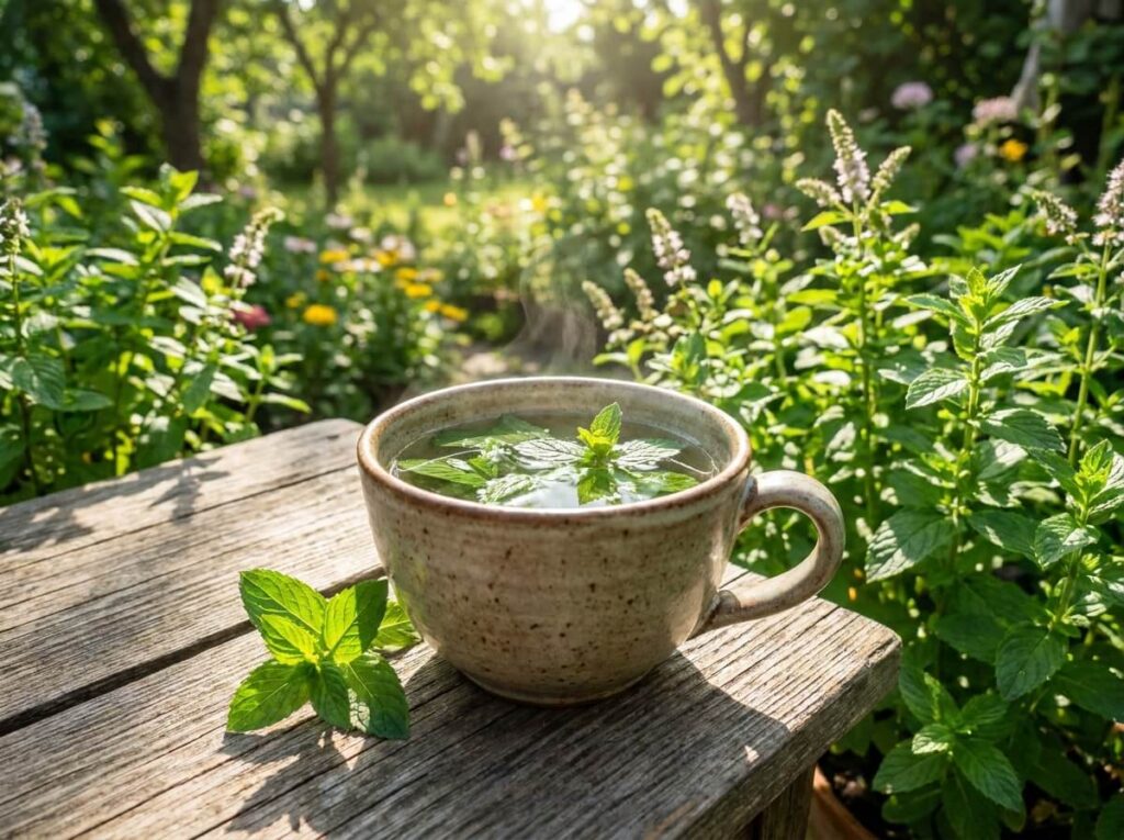 Tasse de tisane de menthe fraîche maison posée dans un jardin d'été ensoleillé, feuilles vertes flottant dans l'eau chaude