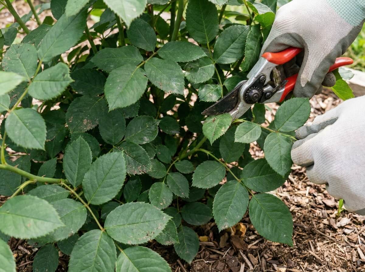 Gros plan sur des feuilles basales denses d'un rosier à éclaircir pour aérer le centre