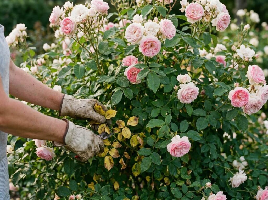 Jardinier retirant des feuilles jaunies et ramollies d'un rosier en fleurs en plein été