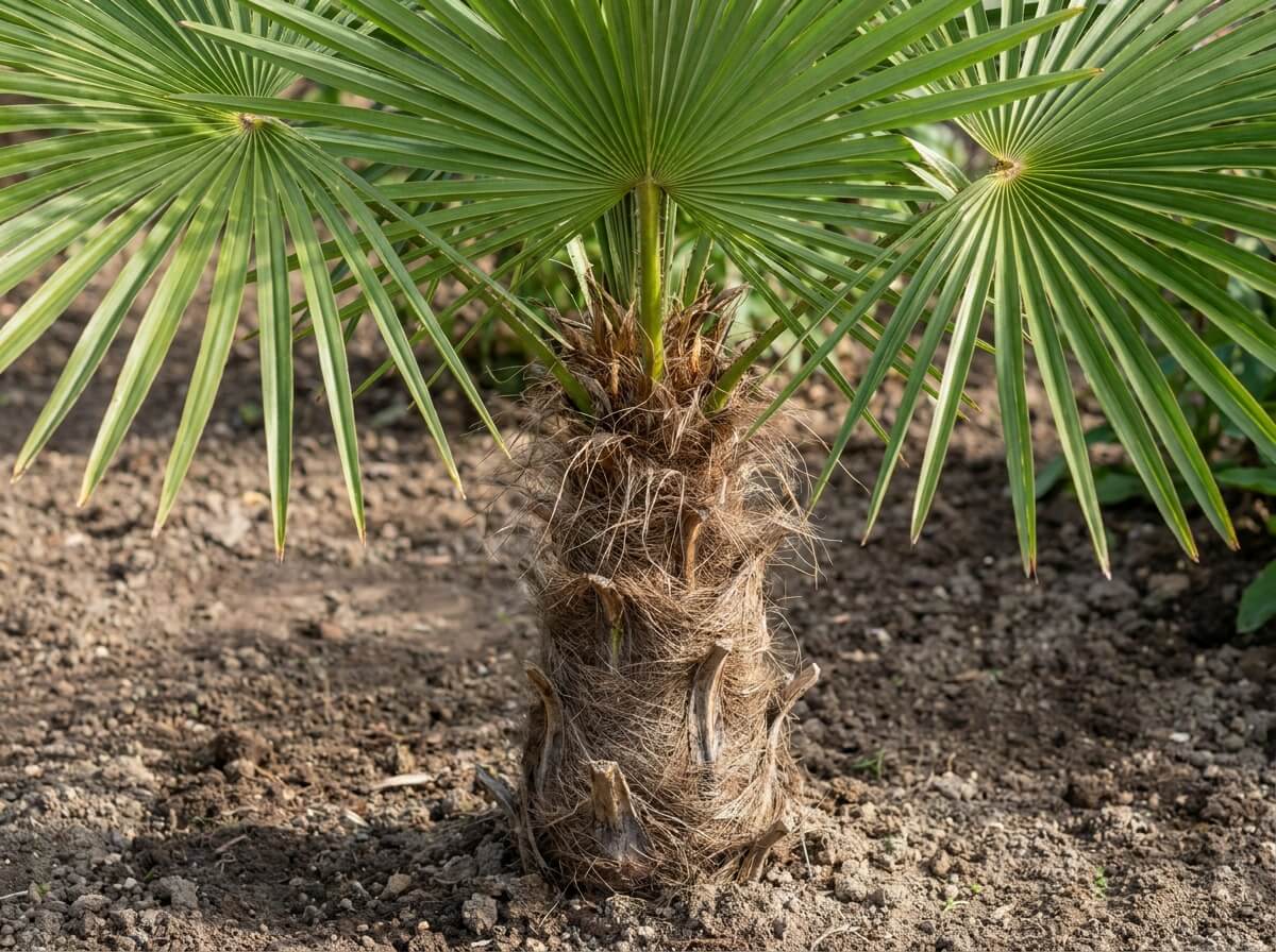 Gros plan sur le tronc fibreux d'un palmier chanvre planté en pleine terre, feuilles éventail déployées